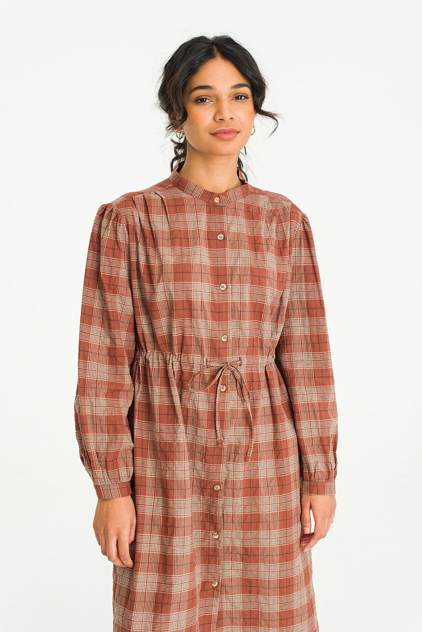 Tomo Check Button Dress, Brown