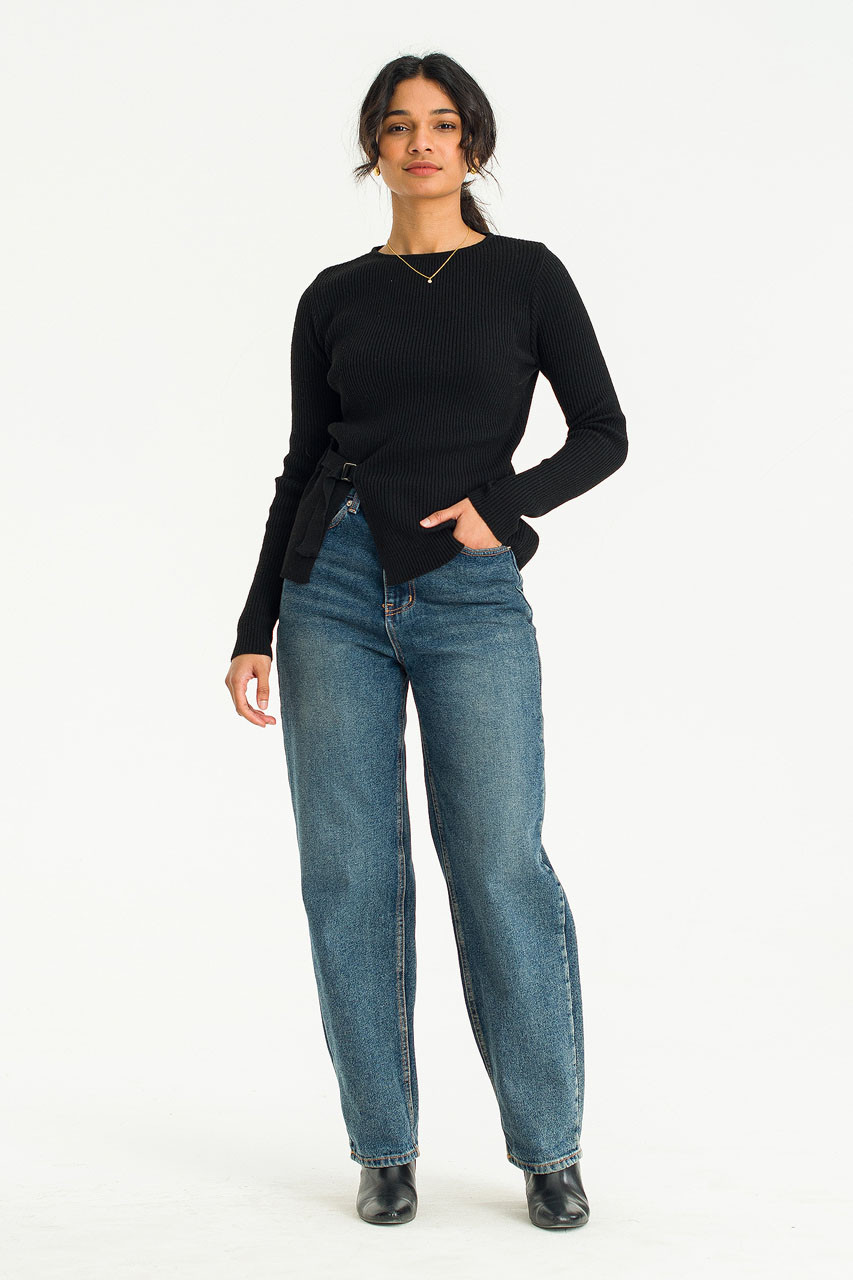 Belted Ribbed Jumper, Black