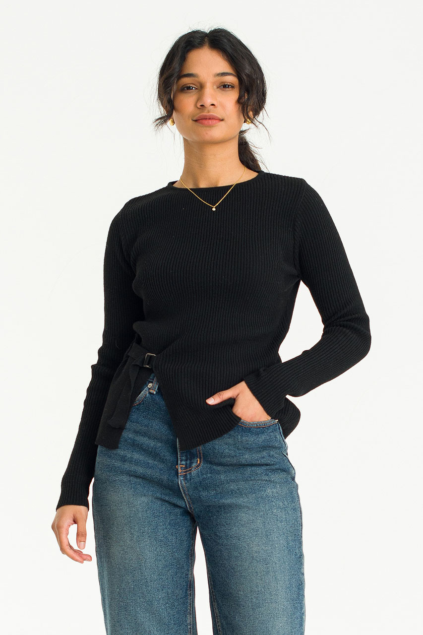 Belted Ribbed Jumper, Black