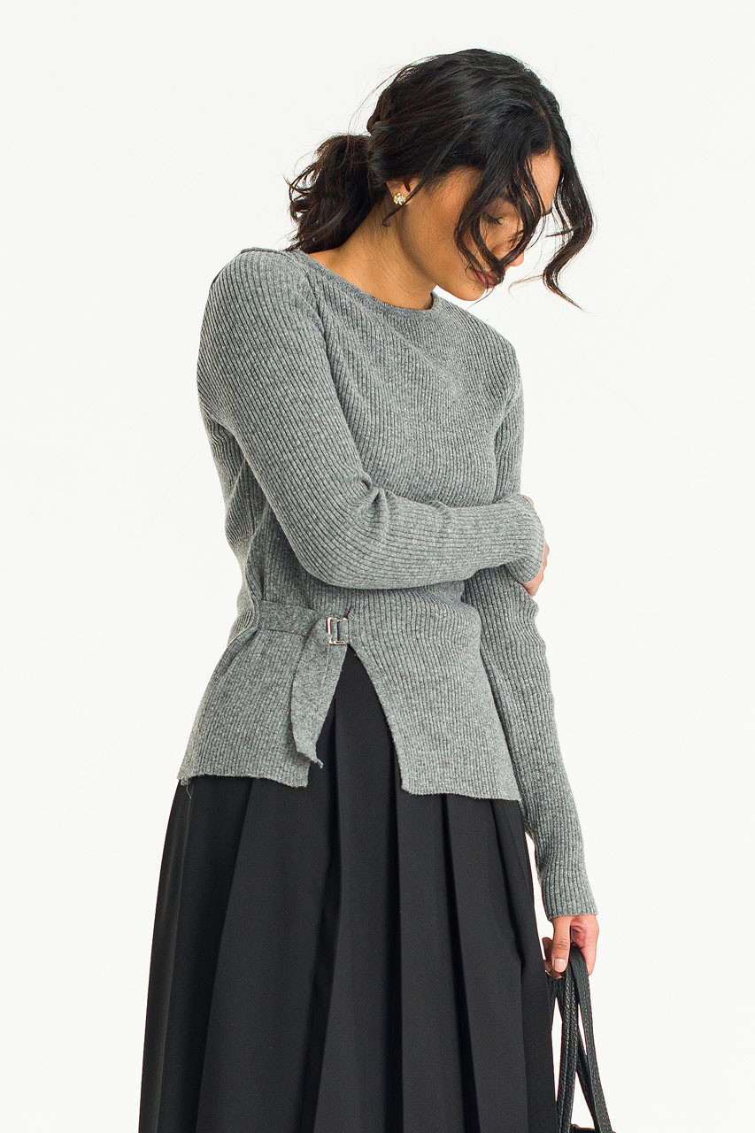 Belted Ribbed Jumper, Grey