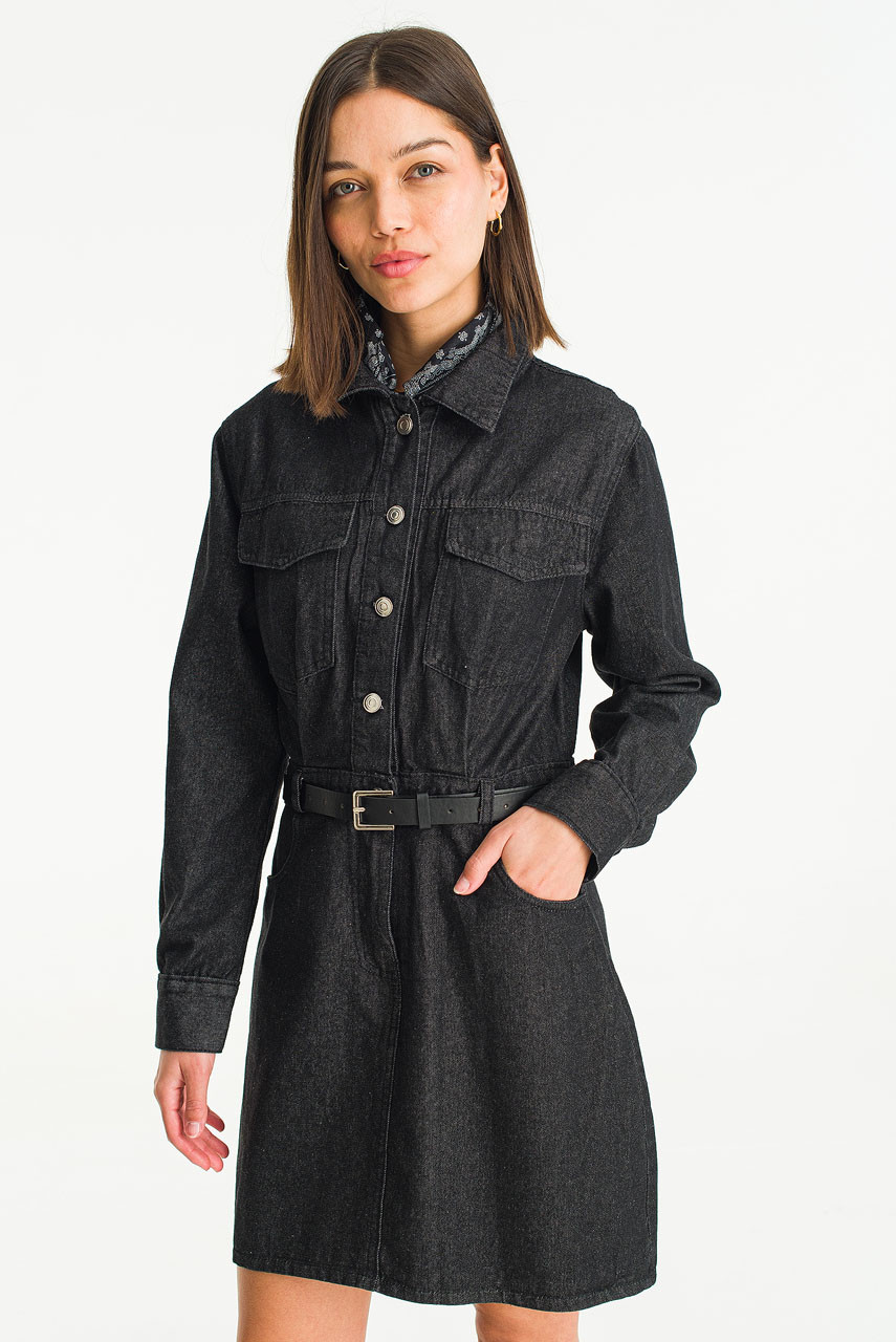 Adele Belted Denim Dress, Black