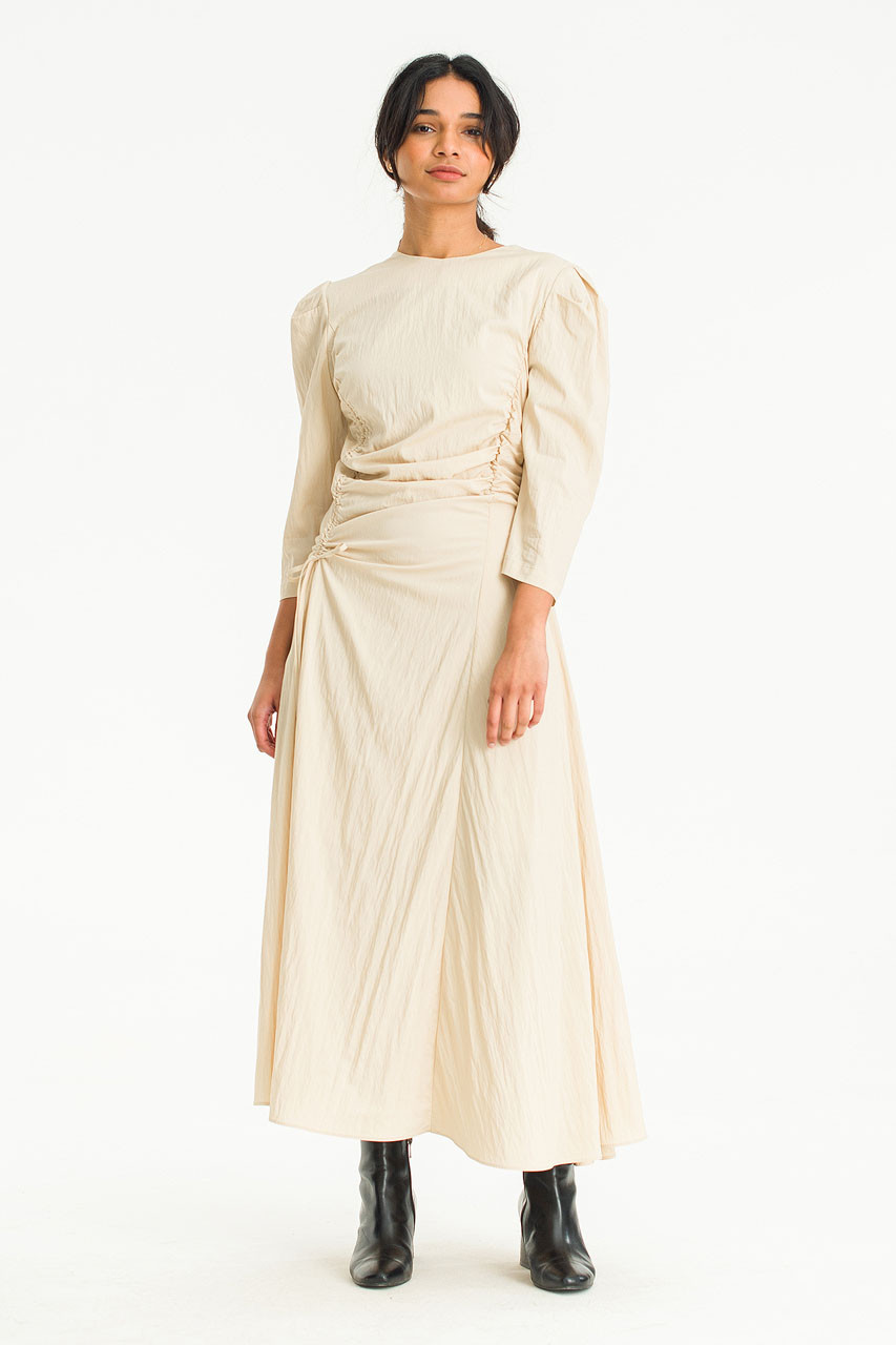 Puff Sleeve Gathered Dress, Beige