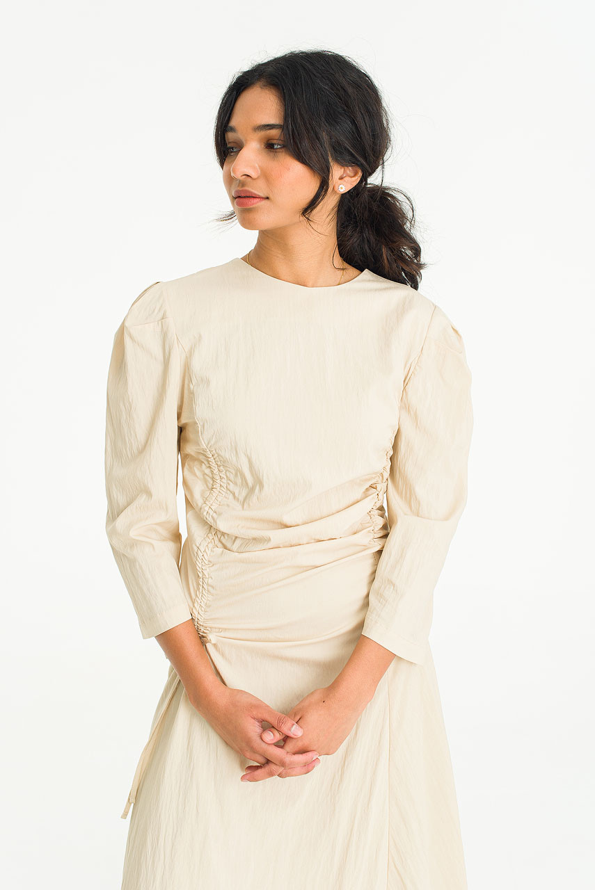 Puff Sleeve Gathered Dress, Beige