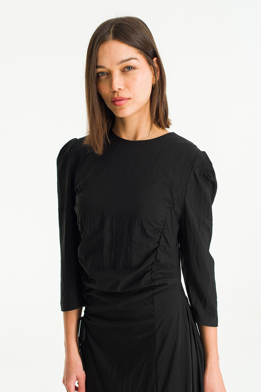 Puff Sleeve Gathered Dress, Black