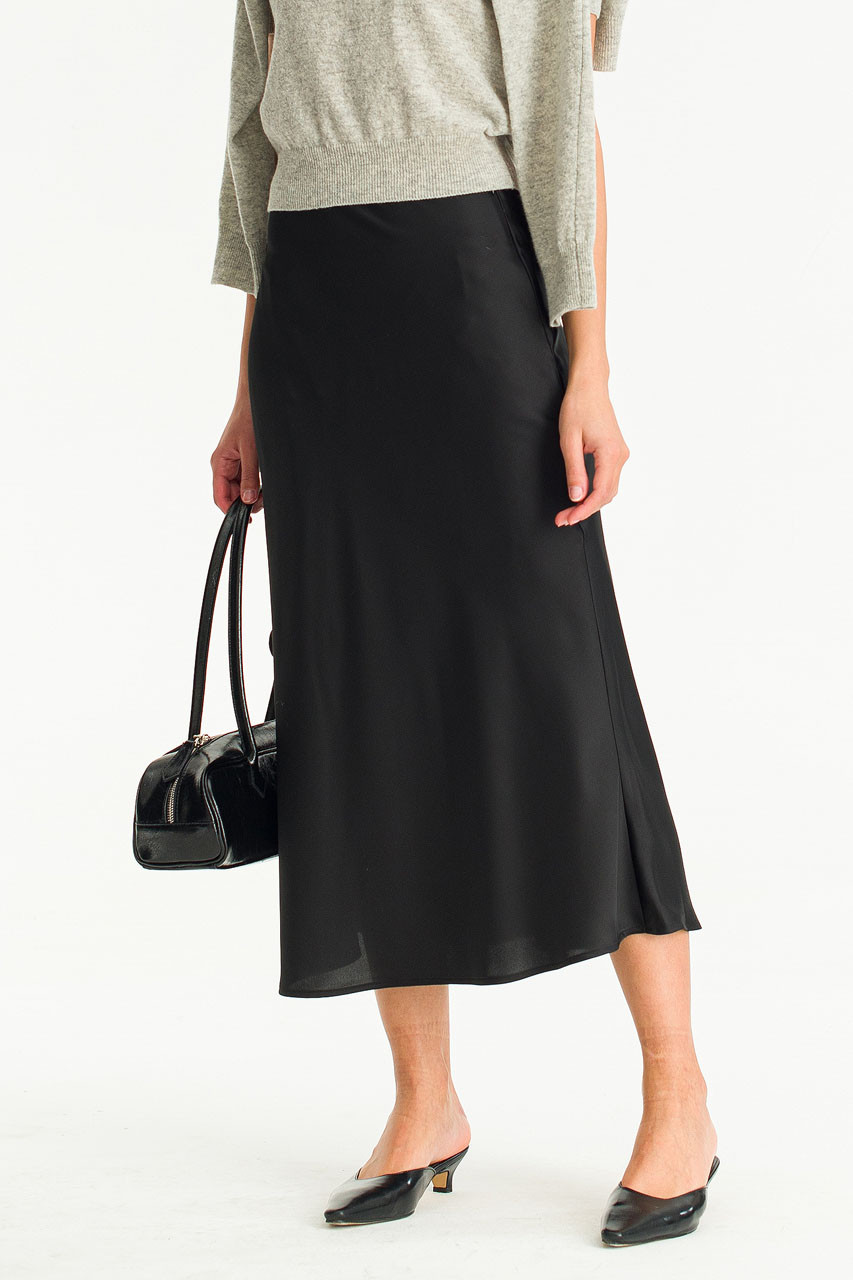 Sofia Satin Mid Length Skirt, Black