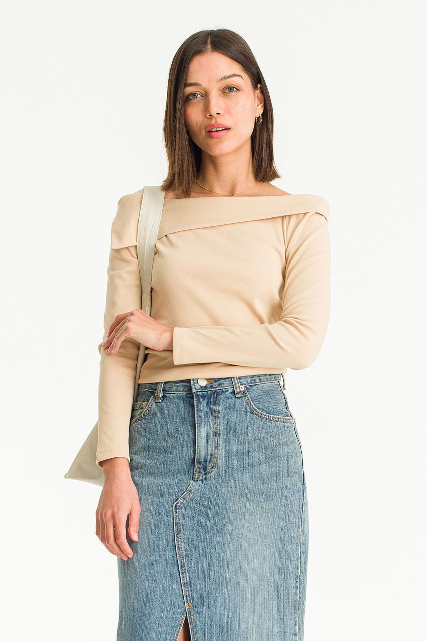 Leah Lip Neck Tee, Beige