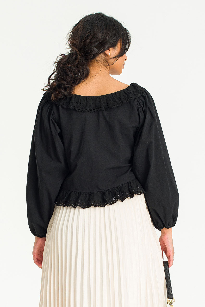 Julia Boat Neck Frill Blouse, Black