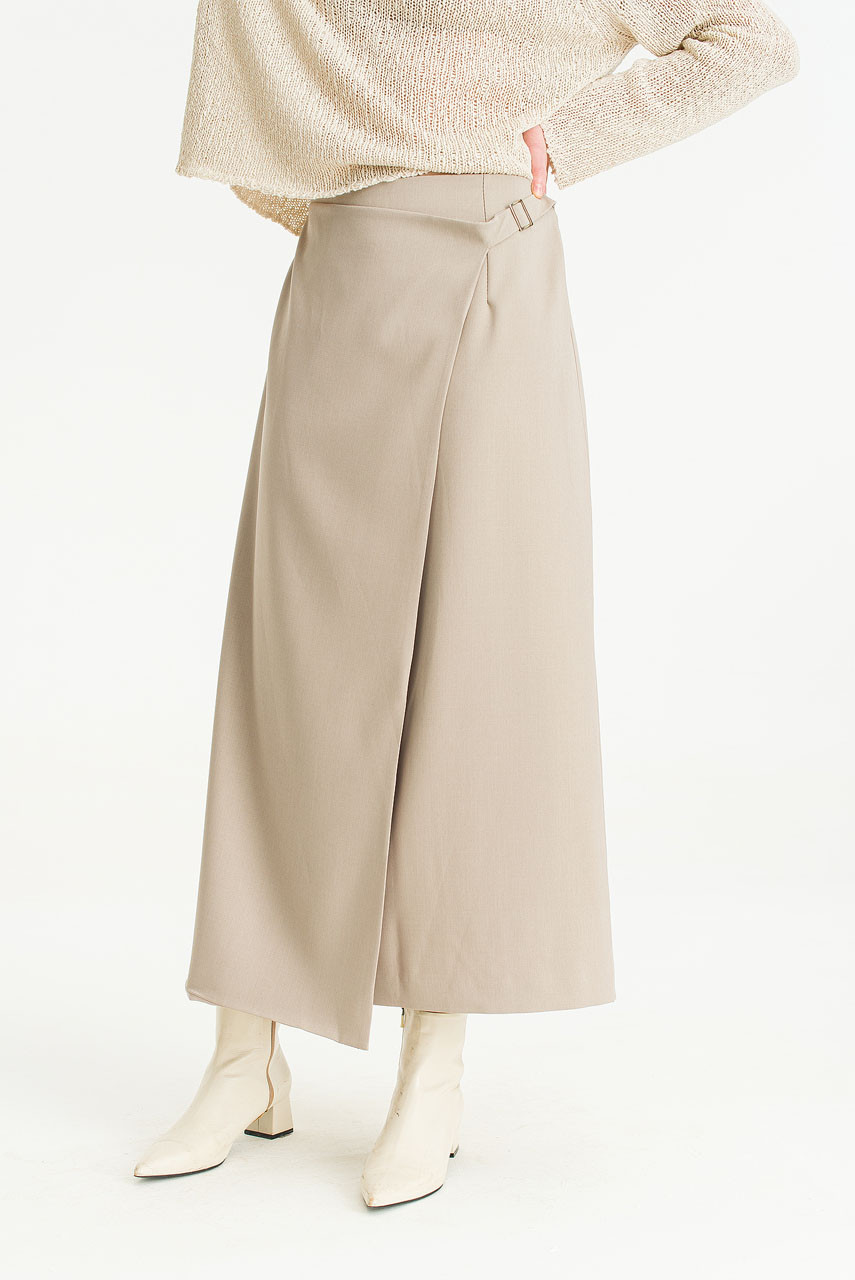 Buckle Point Unbalanced Long Skirt, Beige