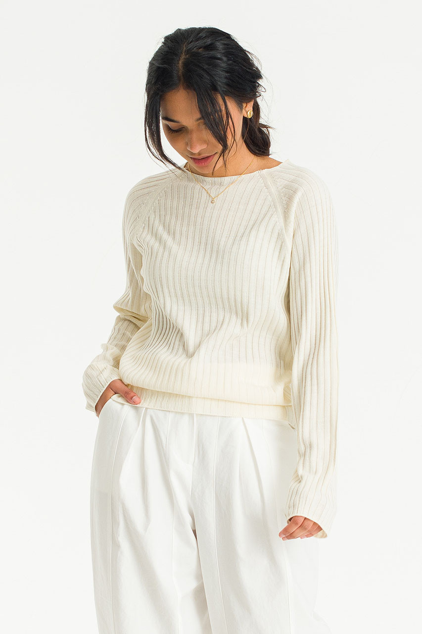 Ribbed Square-neck Top - Light beige melange - Ladies