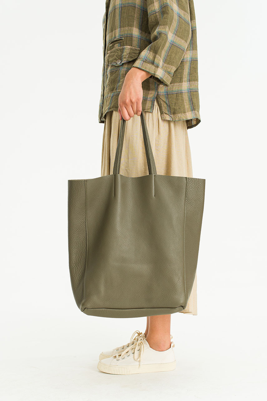 Claire Leather Shopper Bag, Khaki