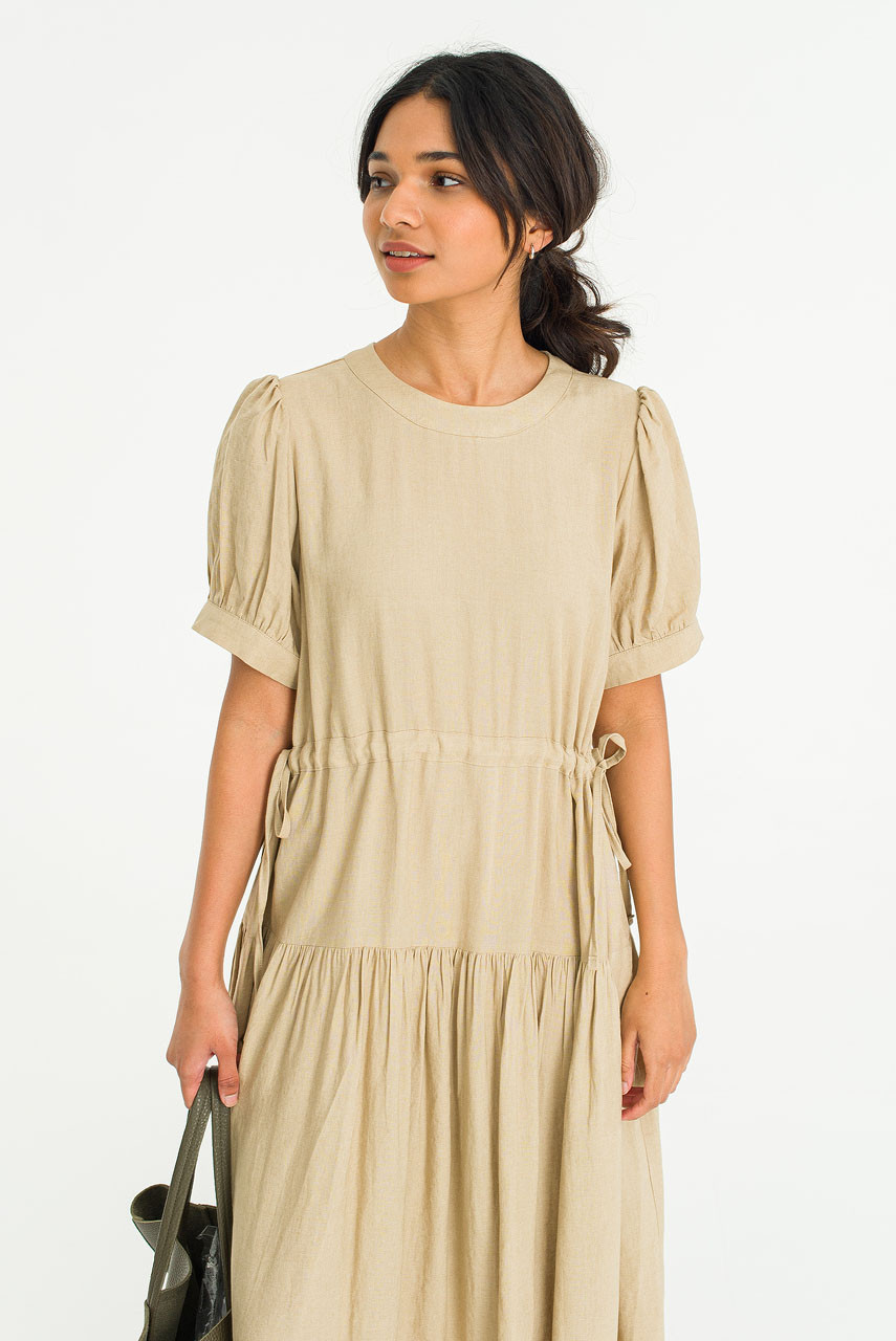 Manon Pleated Skirt Linen Dress, Beige