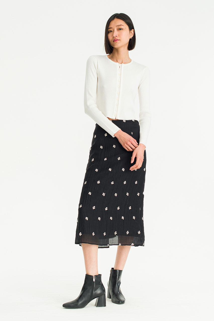 Akari Flower Embroidered H Line Skirt, Black