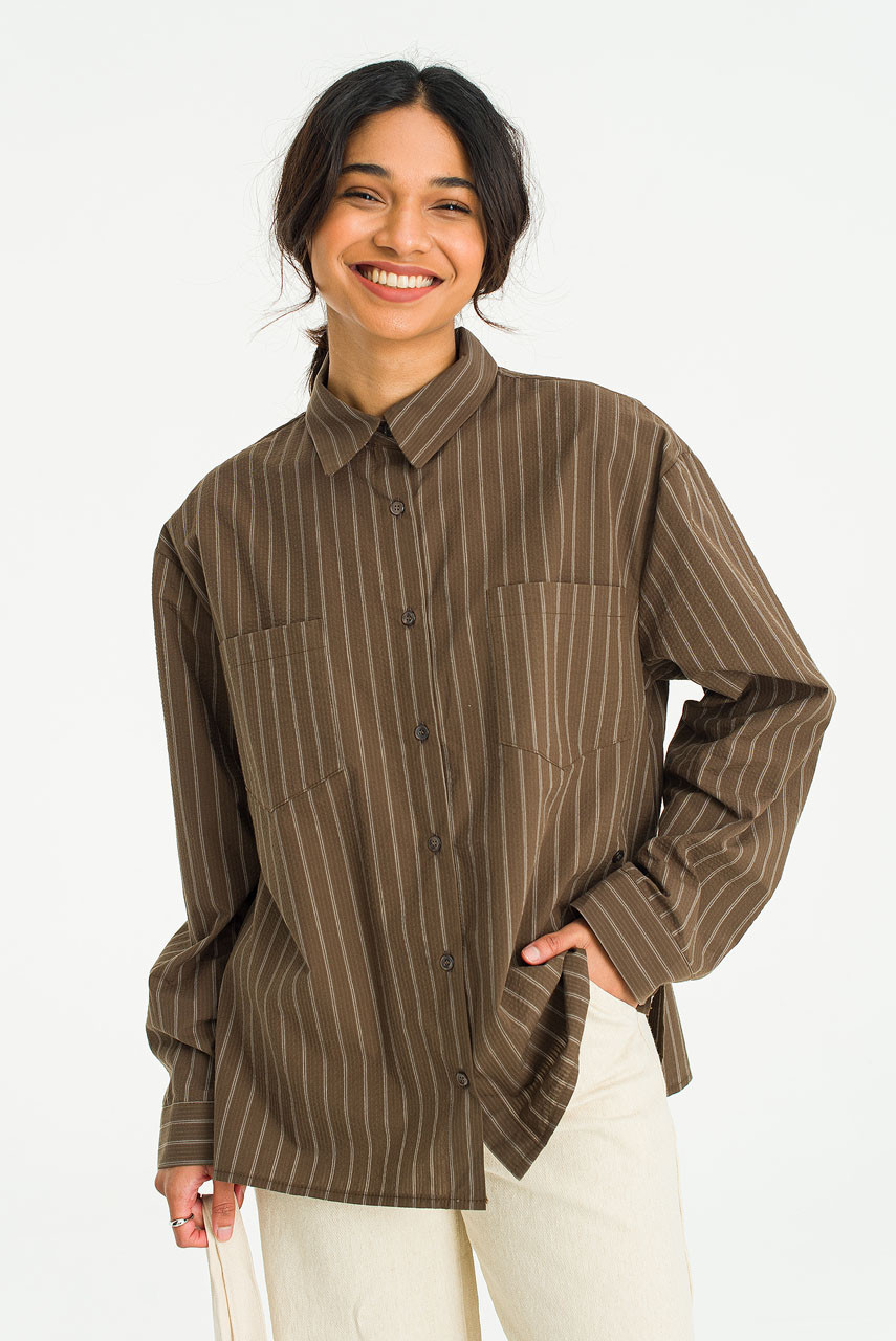 Claire Stripe Two Way Shirt, Brown