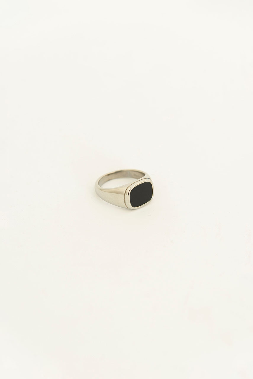 Menswear | Black Enamel Signet Ring, Silver Colour Plated