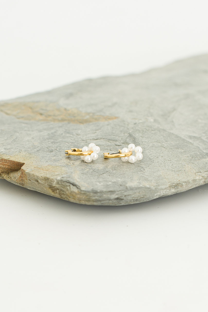 Tiny Pearl Flower Hoop Earrings, Gold Plated