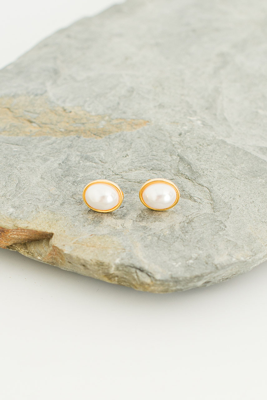 Ophelia Oval Pearl Earrings, Gold Colour Plated