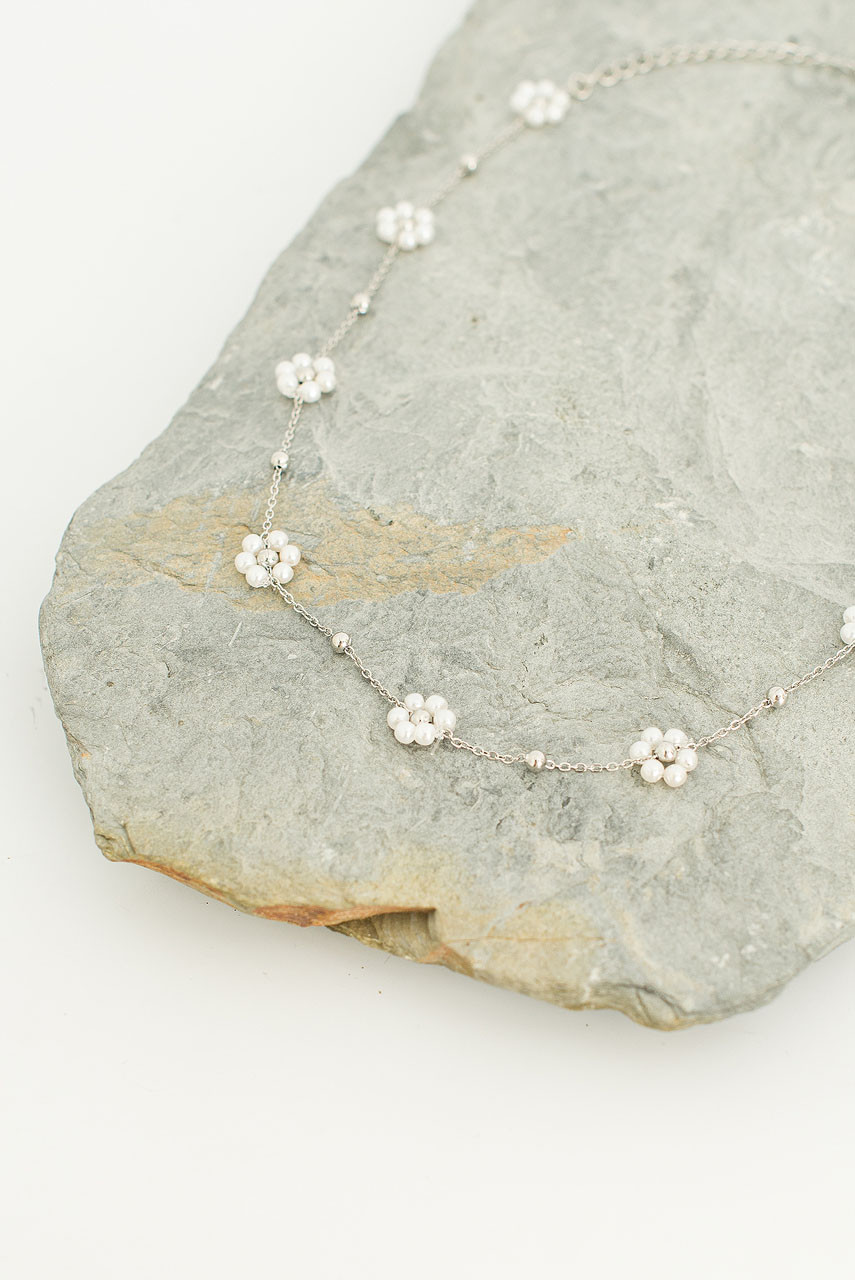 Hana Pearl Flower Necklace, Silver Colour Plated