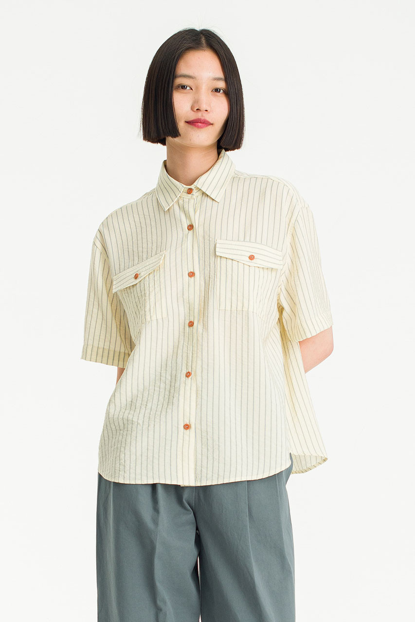 Hiro Pin Stripe Camp Shirt, Beige