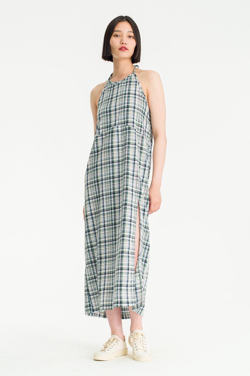 Akoko Check Open Back Dress, Green