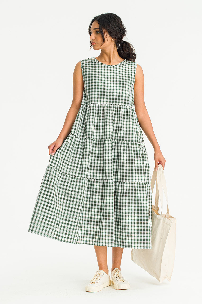 Tiered Gingham Check Dress, Green