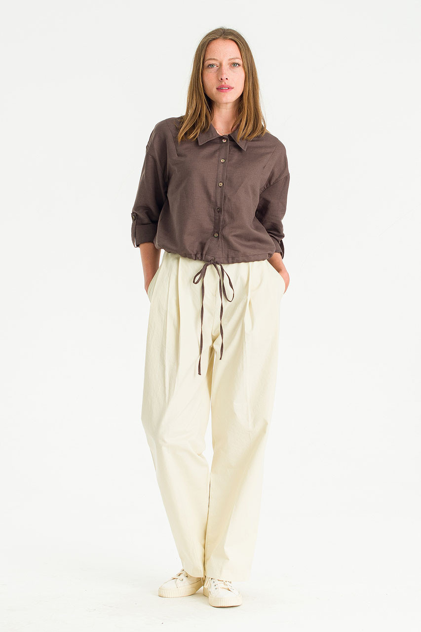 Linen Roll Up Sleeve Blouse, Brown