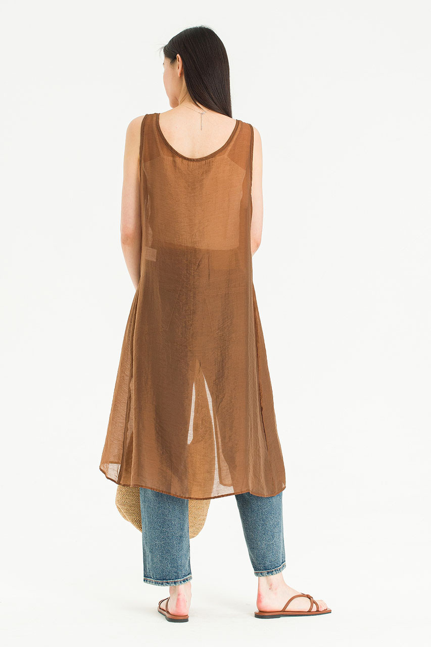 See Through Ribbon Back Dress, Brown