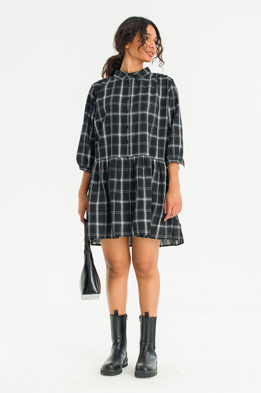 Kaito Check Mini Shirt Dress, Black