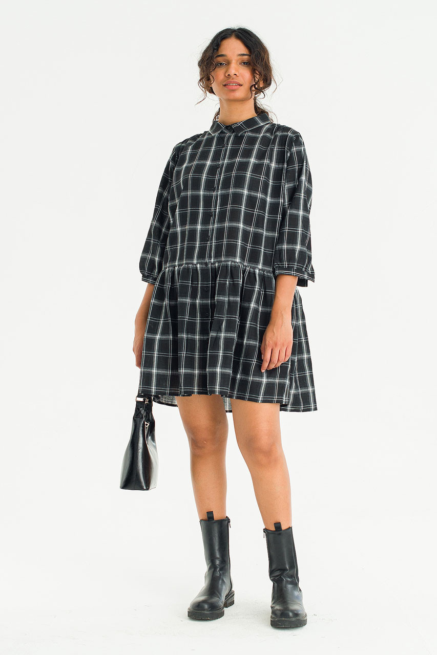Kaito Check Mini Shirt Dress, Black