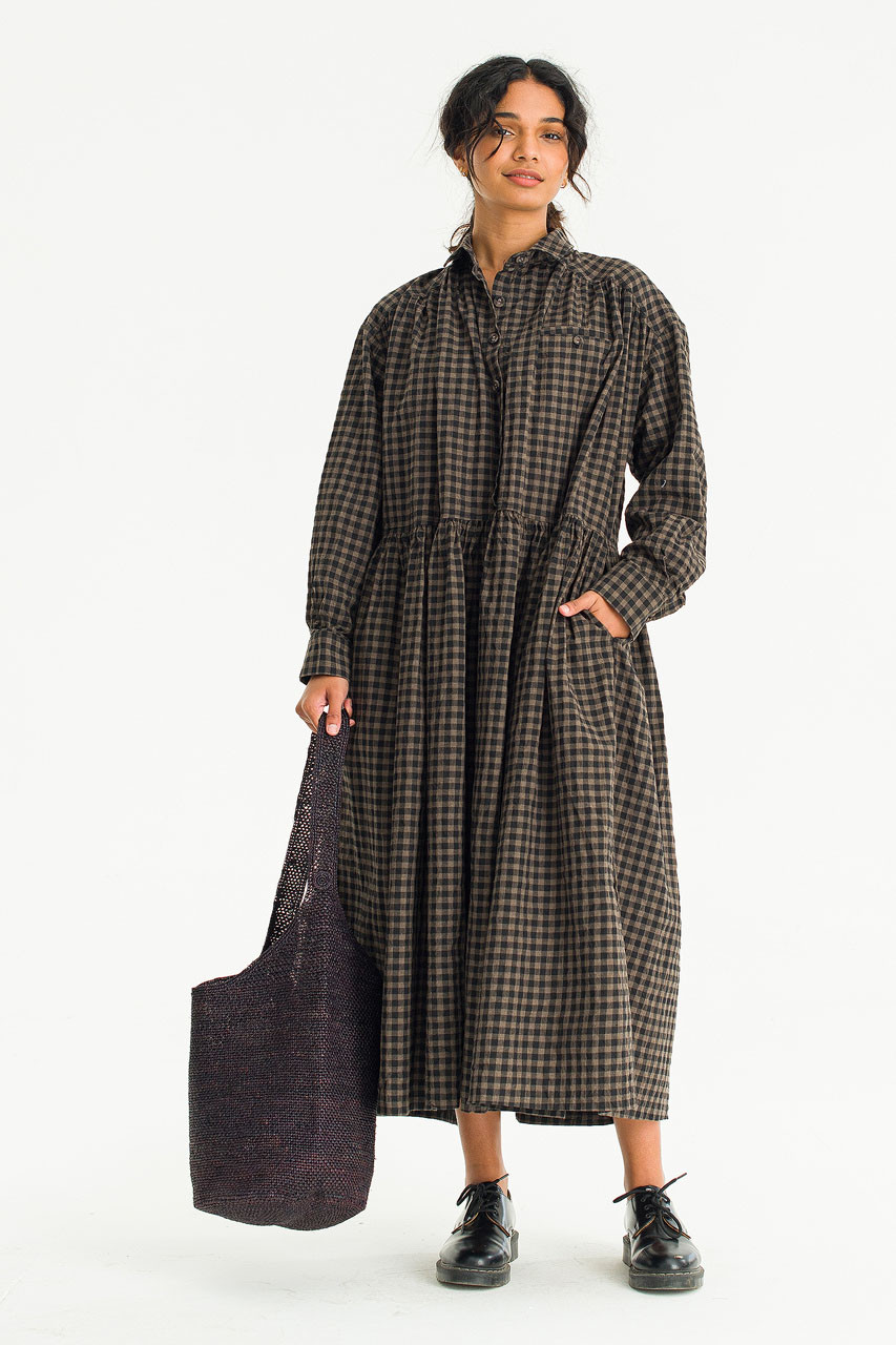 Haru Check Shirt Dress, Brown