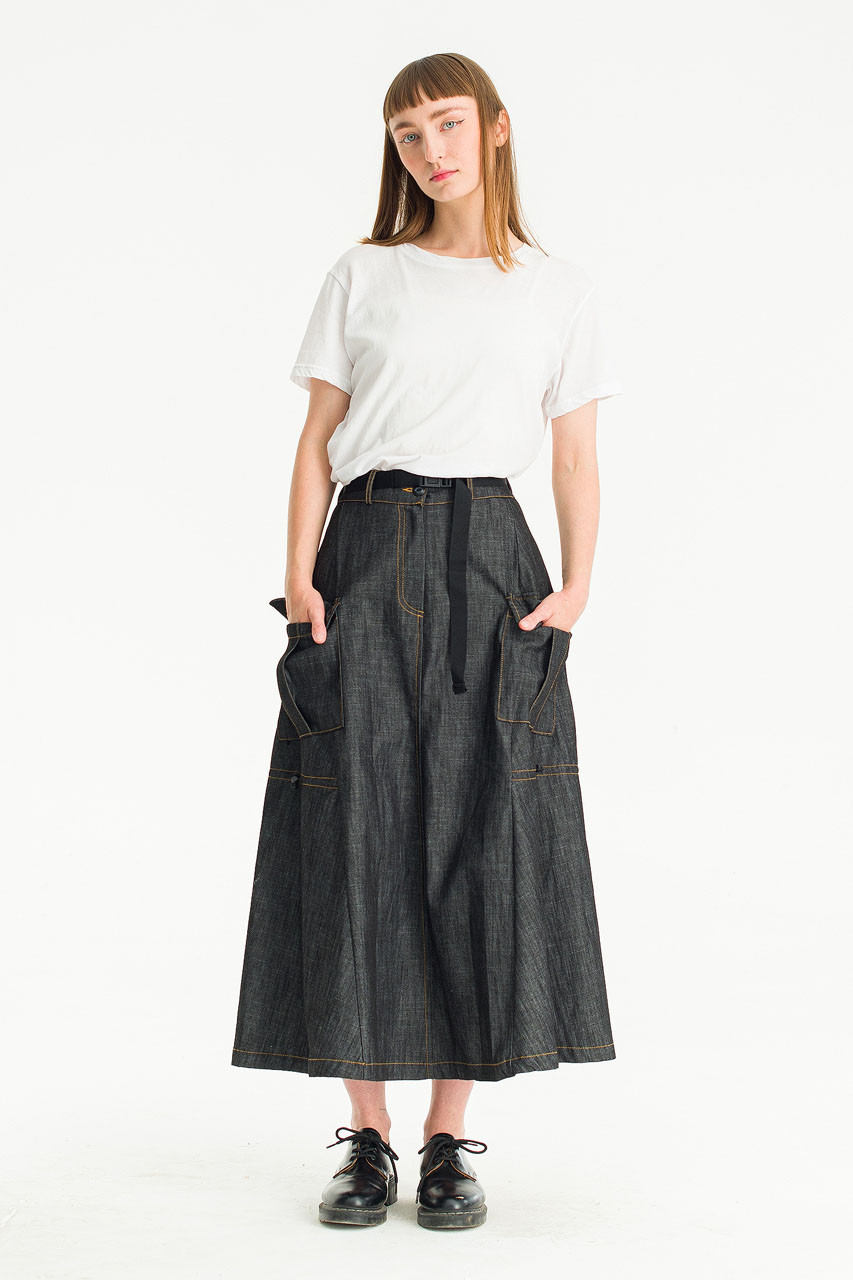 Haru Curved Denim Skirt, Black