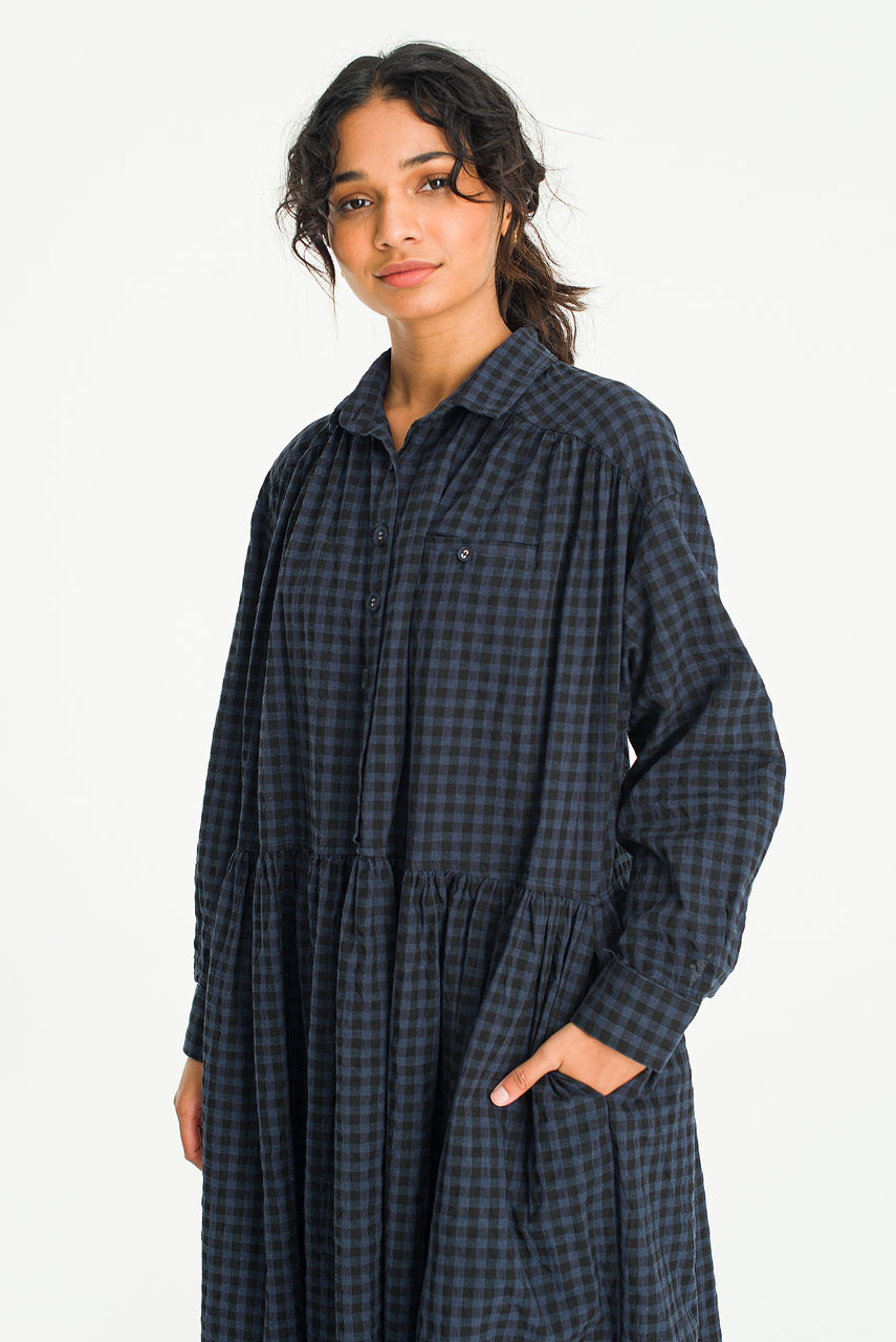 シェリエ　flocky check long shirt dress Haru Check Shirt Dress, Navy