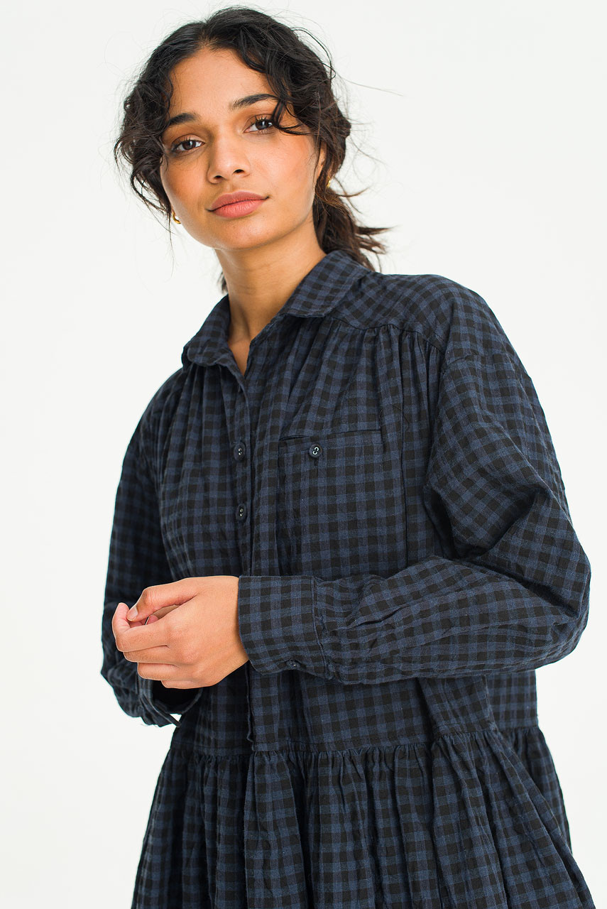 Haru Check Shirt Dress, Navy