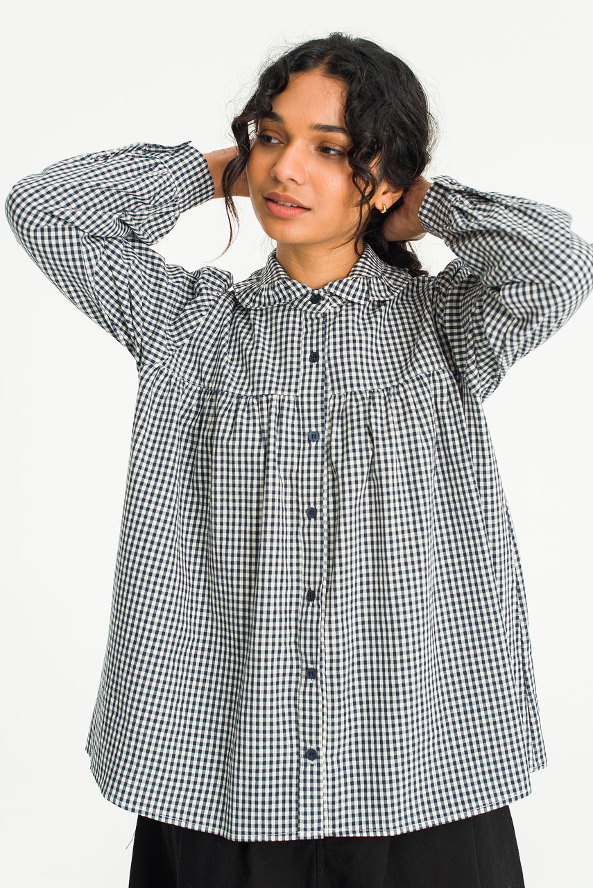 Frill Neck Gingham Blouse, Navy