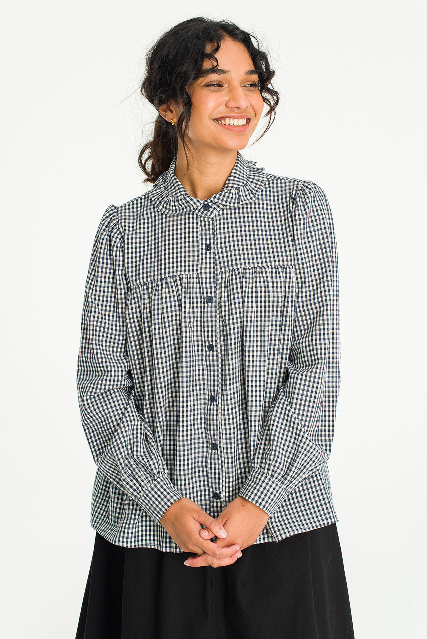 Frill Neck Gingham Blouse, Navy