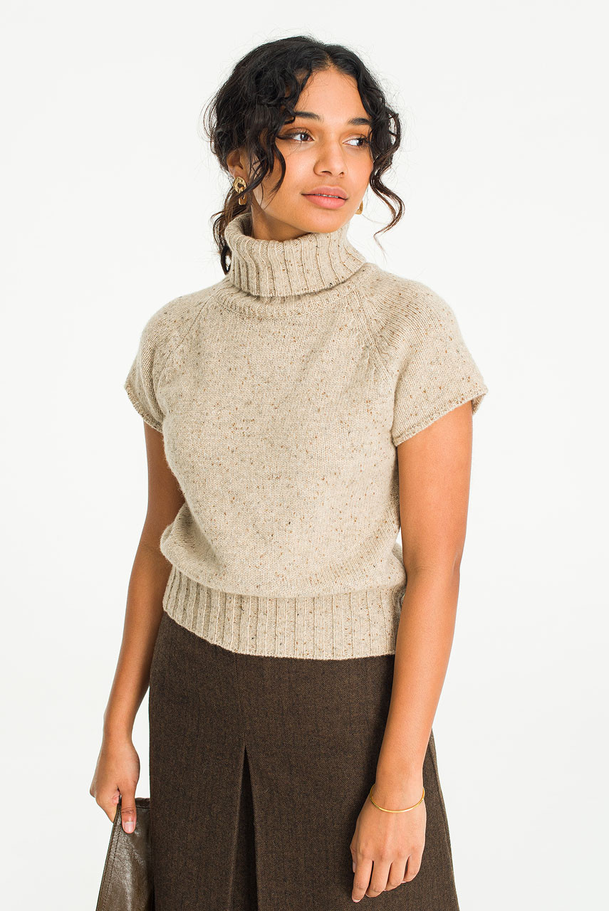 Boucle Short Sleeve Roll Neck Jumper, Beige
