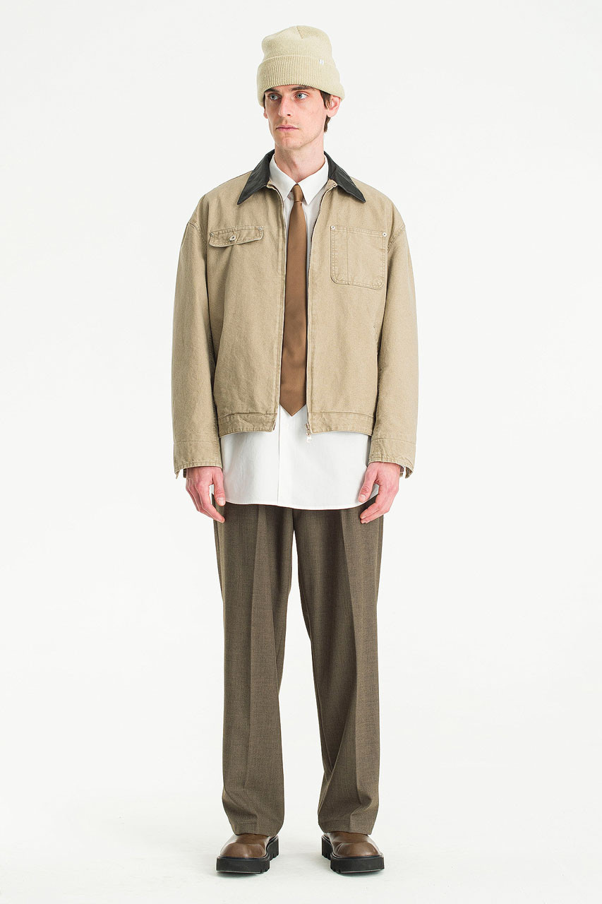 Menswear | Leather-Collared Work Jacket, Beige
