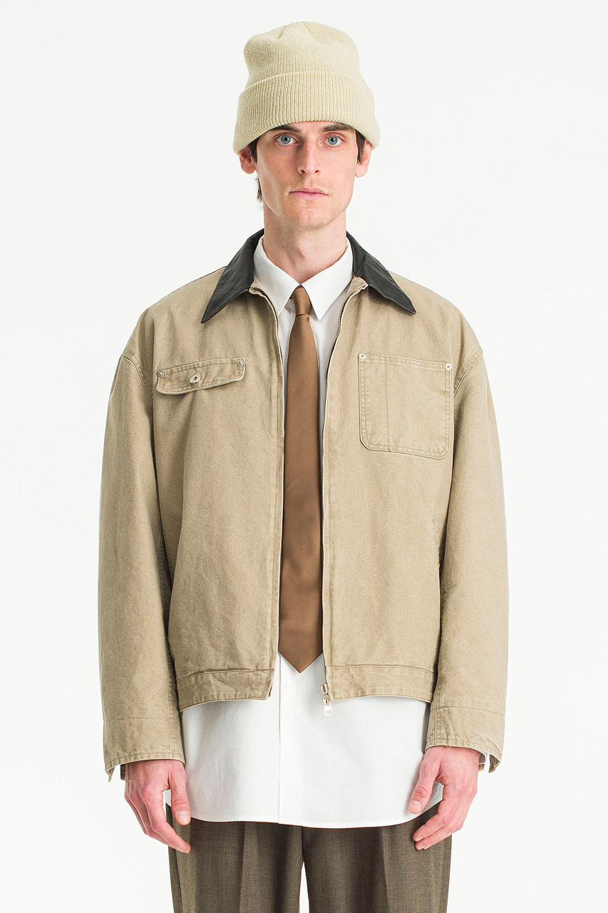 Menswear LeatherCollared Work Jacket, Beige