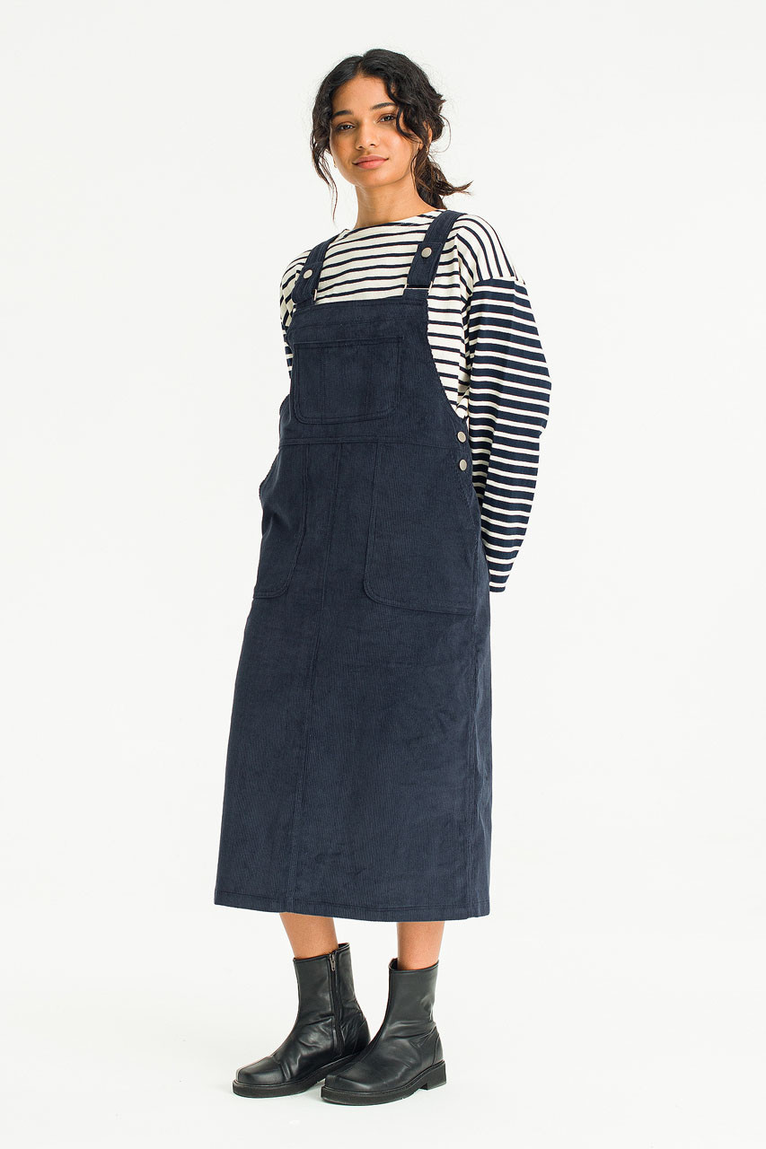 Kaiya Cord Dungaree Dress, Navy