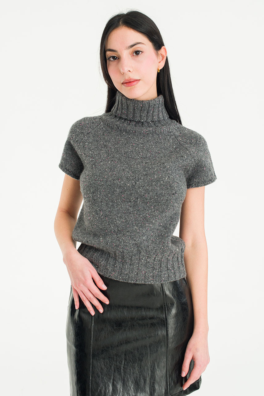 Boucle Short Sleeve Roll Neck Jumper, Charcoal