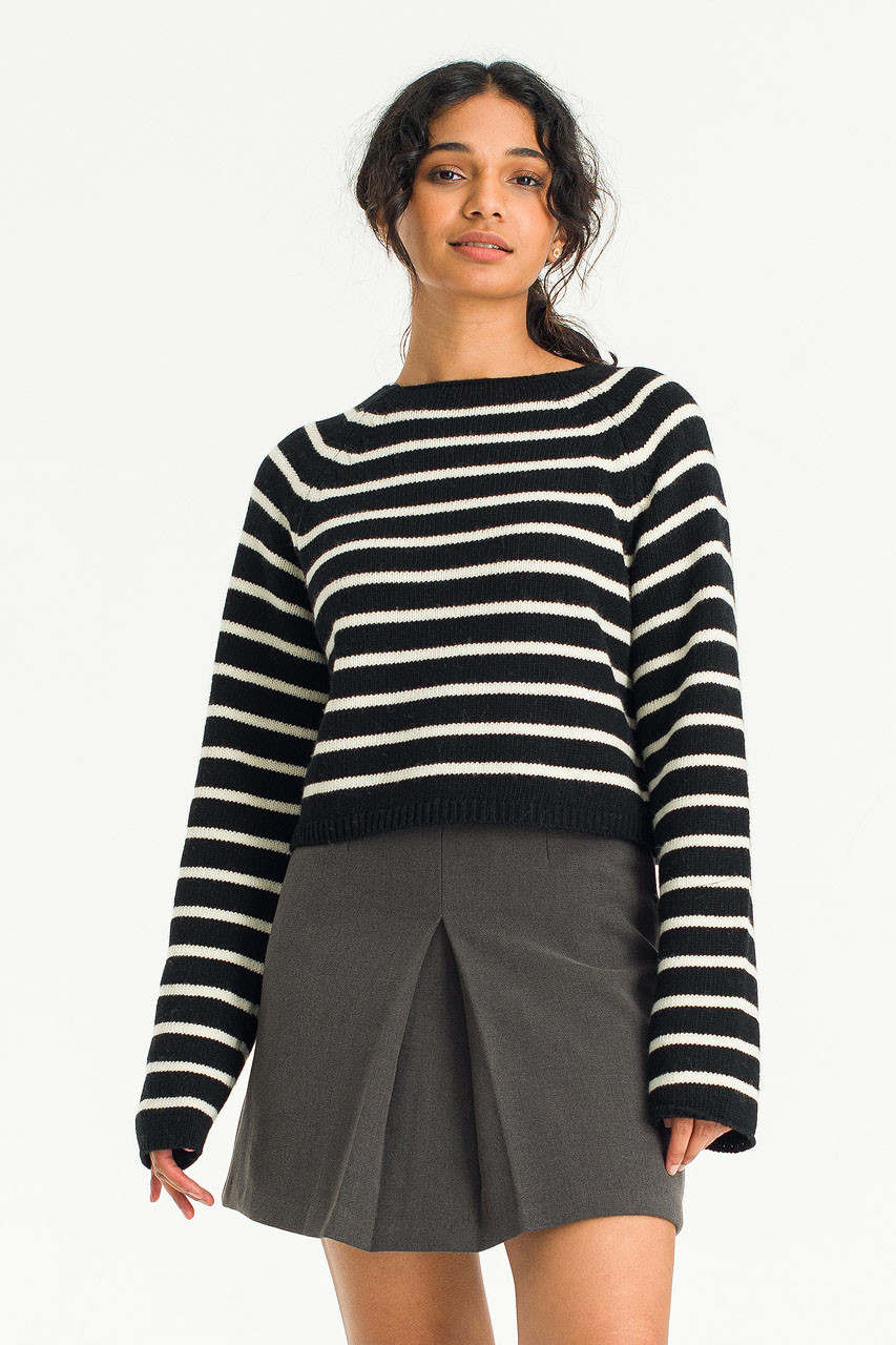 Roy Boat Neck Crop Stripe Jumper, Black/Ivory