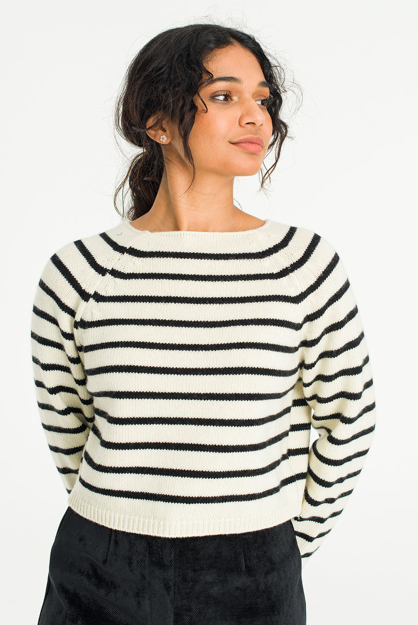 Roy Boat Neck Crop Stripe Long Sleeve Jumper, Ivory/Black