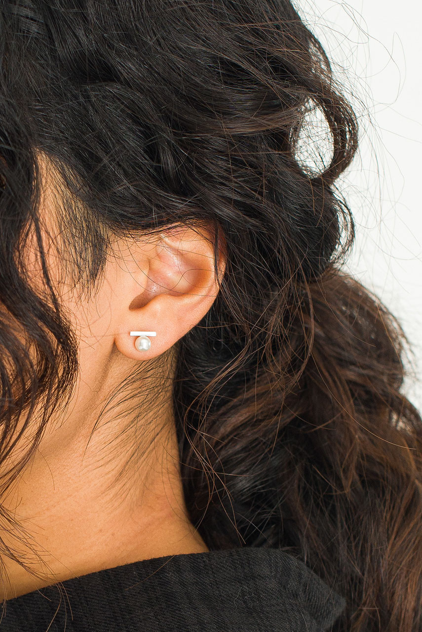 Reika Line Pearl Earrings, Silver