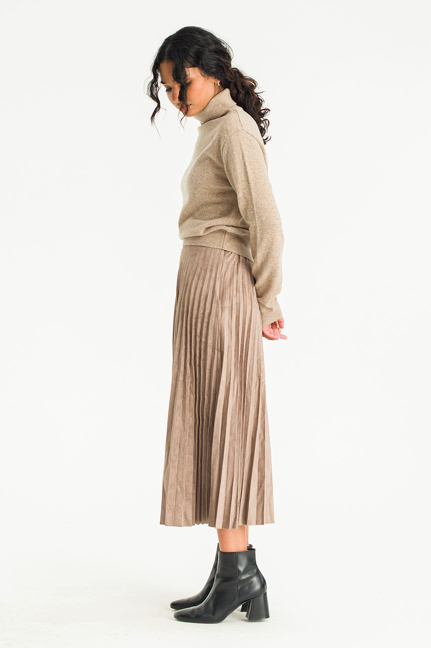 Moa Faux Suede Pleated Skirt, Brown