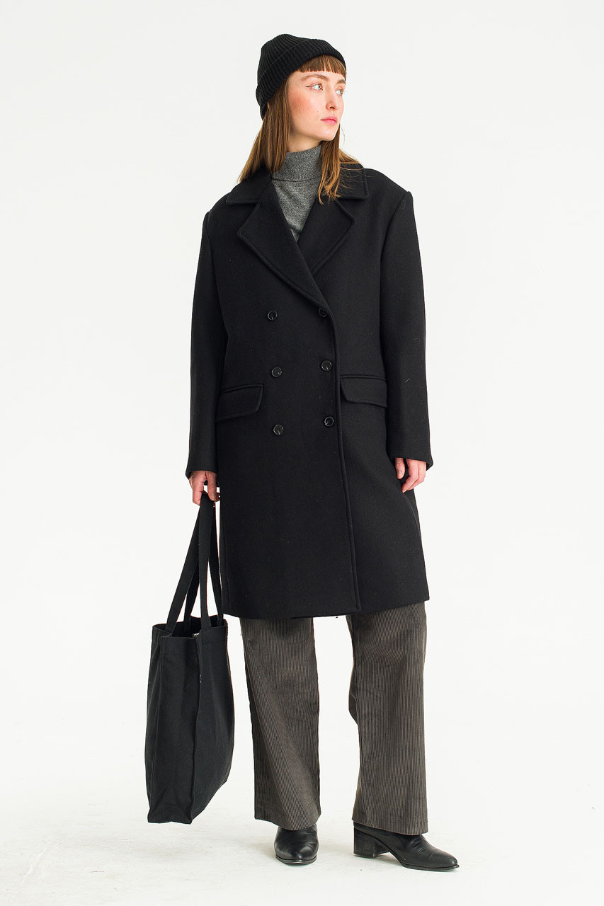 ZOE / ゾーイ　LUCKY LONG SLIT COAT Kimiko Double Long Coat, Black