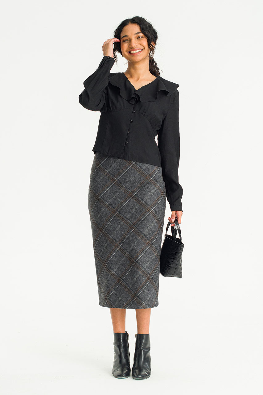 Elise Check Mid Length Skirt, Charcoal