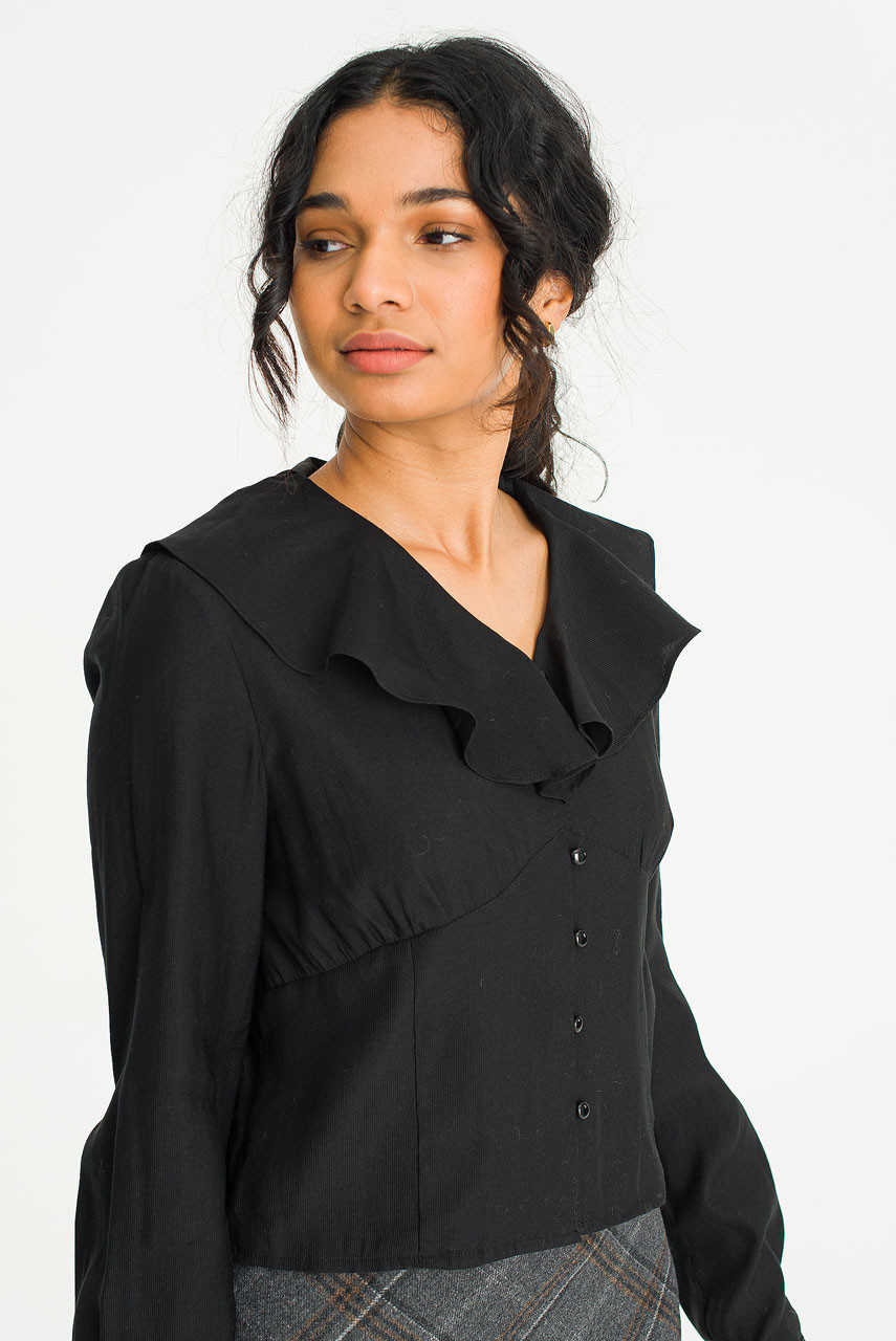Veronika Frill Neck Crop Blouse, Black