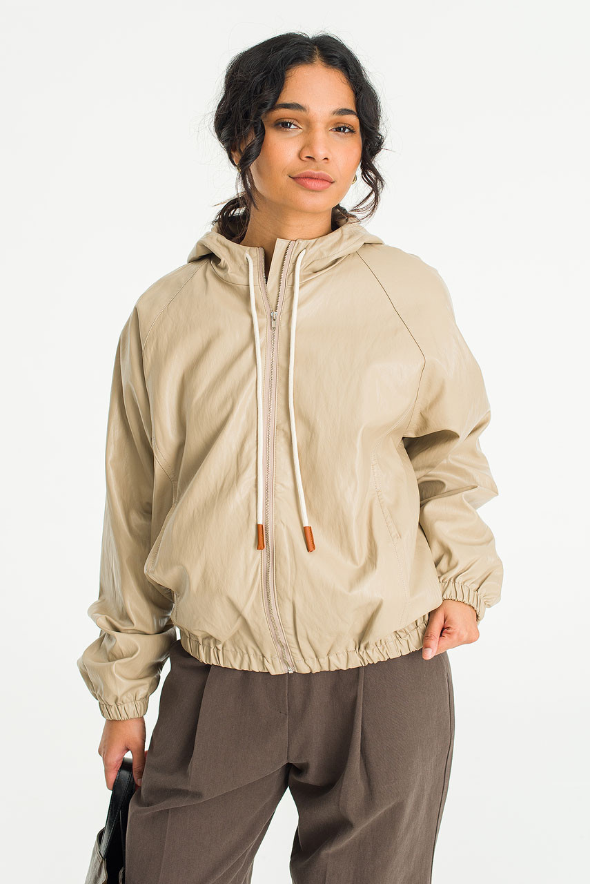 Fux Leather Hood Jacket, Beige