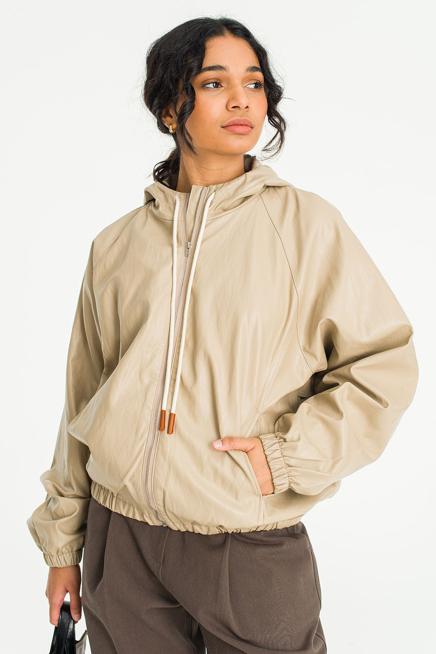Fux Leather Hood Jacket, Beige