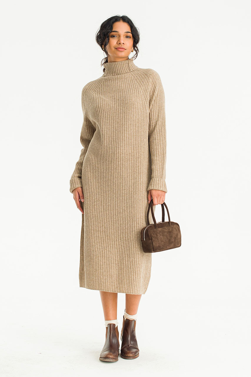 Mia Ribbed Roll Neck Dress, Mocha