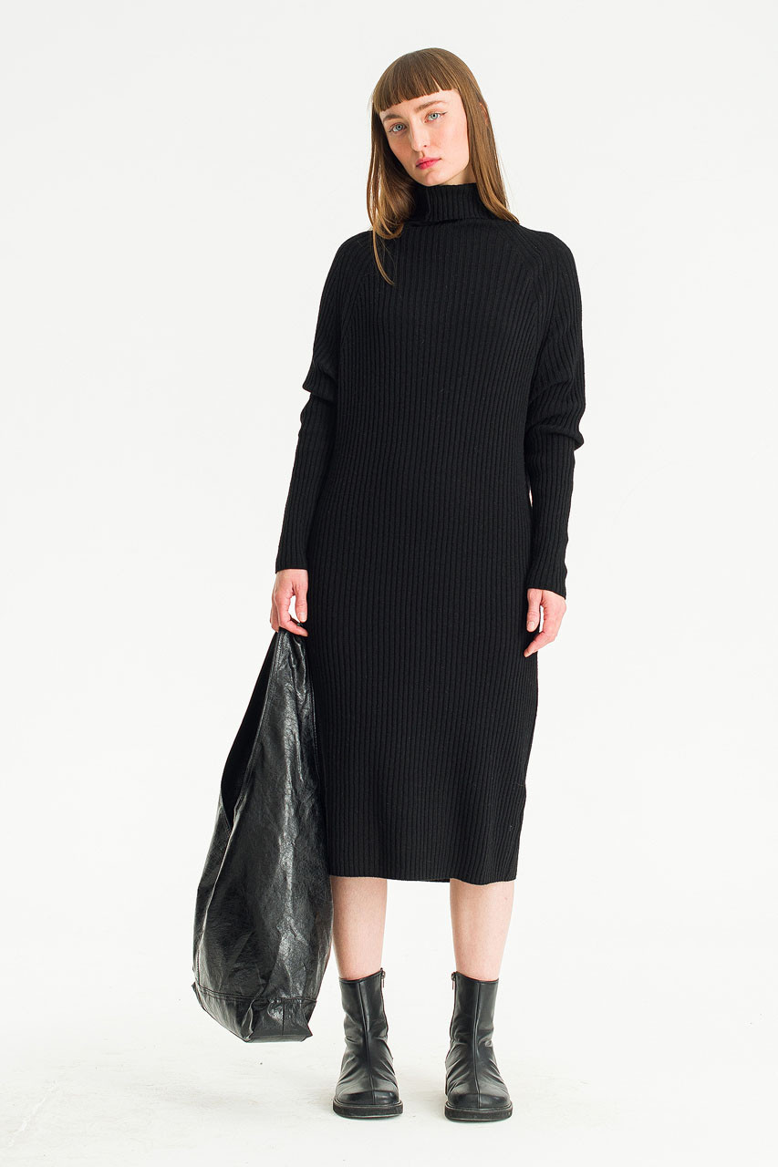 Mia Ribbed Roll Neck Dress, Black